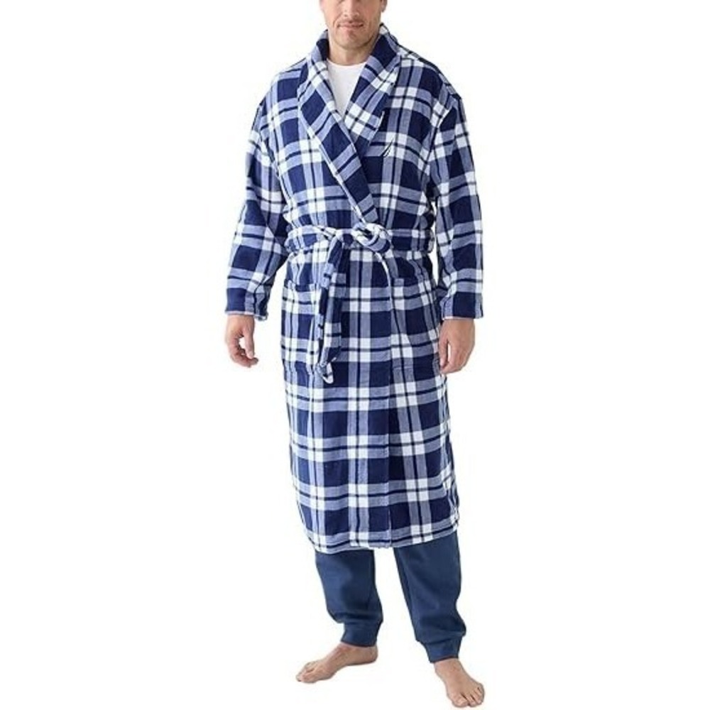Men's Shawl Collar Plaid Blue/White Belted Robe by Nautica  (One Size Fits Most)